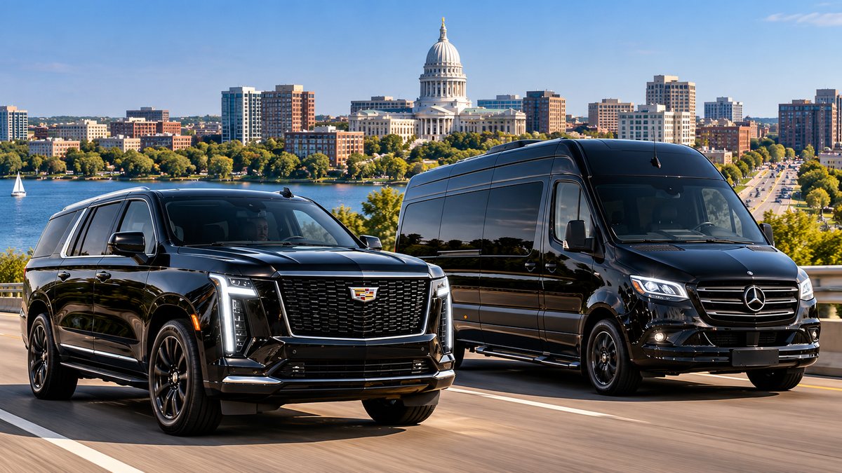 Milwaukee to Madison car service with a black Cadillac Escalade SUV and Mercedes Sprinter van driving past the Wisconsin State Capitol and Madison skyline
