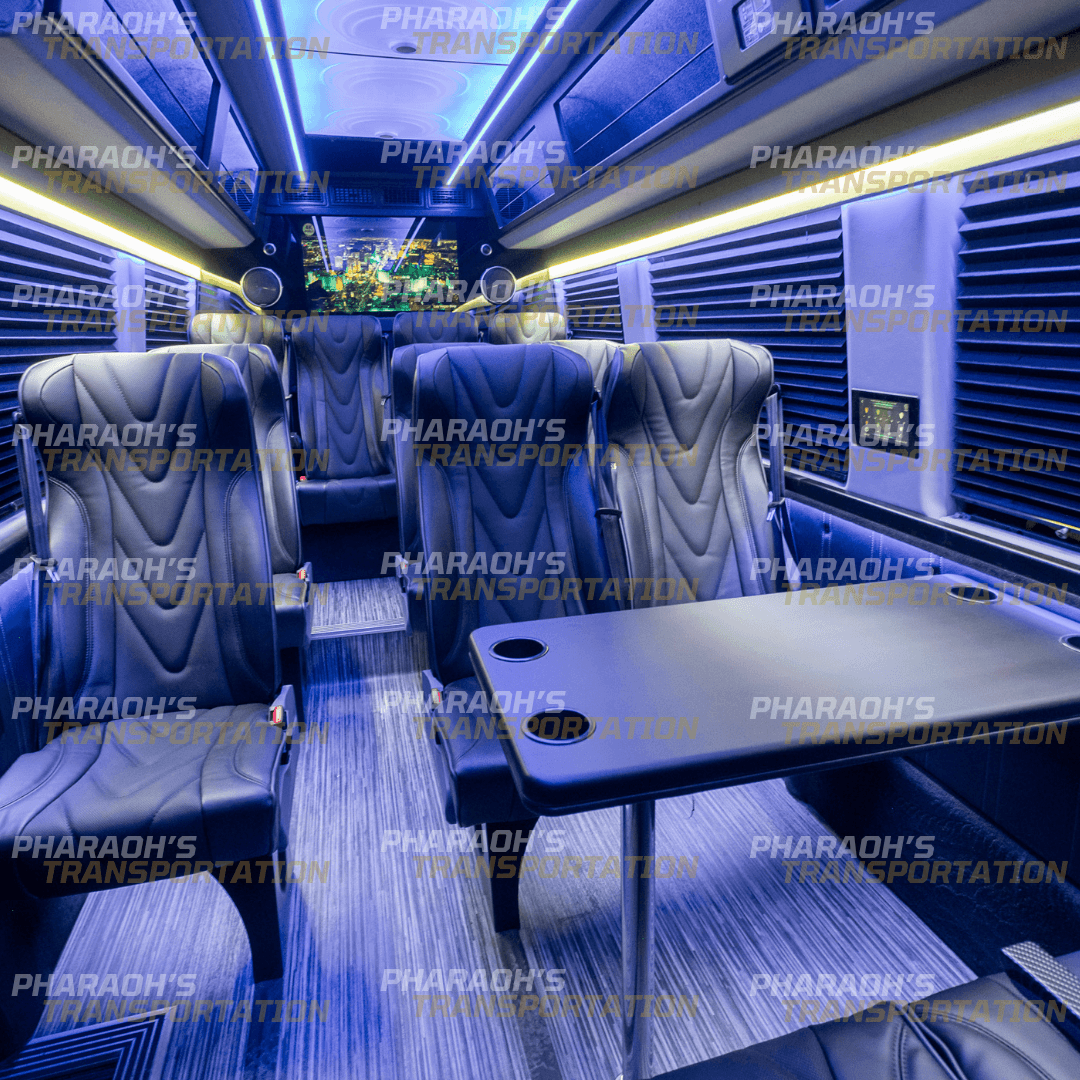 Spacious interior with leather seating and LED lighting inside Sprinter van limo in Milwaukee and Wisconsin Spacious interior with leather seating and LED lighting inside Sprinter van limo in Milwaukee and Wisconsin