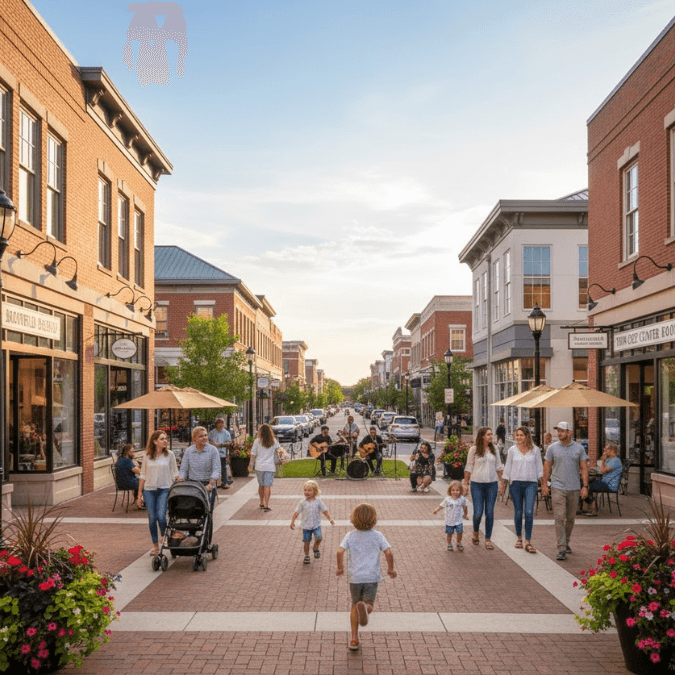 Brookfield town center with shops and families walking Brookfield town center with shops and families walking