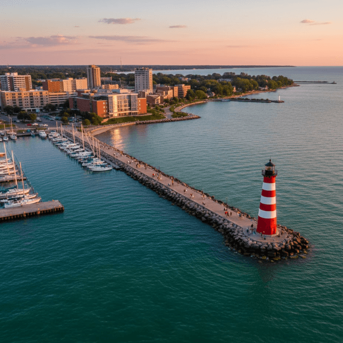 Kenosha harbor with the lighthouse and visitors enjoying the area Kenosha harbor with the lighthouse and visitors enjoying the area