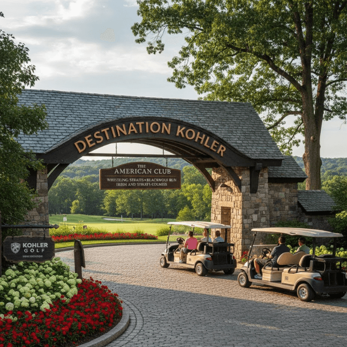 Kohler resort entrance with golf shuttles and signage Kohler resort entrance with golf shuttles and signage