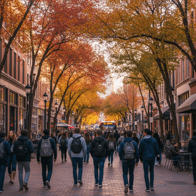 State Street in Madison, complete with shops, cafes, and students walking State Street in Madison, complete with shops, cafes, and students walking