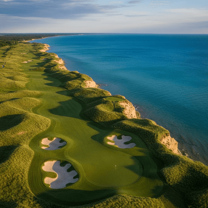 Whistling Straits golf course, showcasing its Lake Michigan bluffs and distinctive pot bunkers Whistling Straits golf course, showcasing its Lake Michigan bluffs and distinctive pot bunkers