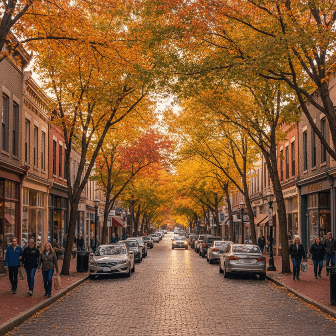Wisconsin small-town main street with shops and people walking Wisconsin small-town main street with shops and people walking