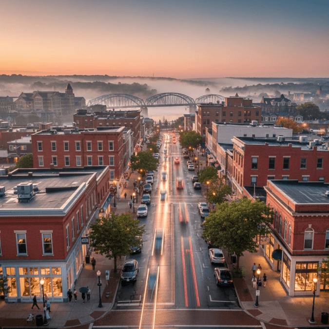 downtown Green Bay, bustling with traffic and pedestrians downtown Green Bay, bustling with traffic and pedestrians