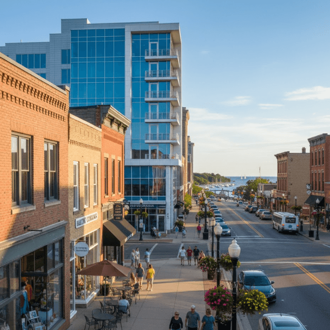 downtown Racine with shops and modern buildings downtown Racine with shops and modern buildings