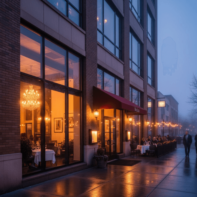 exterior of Bacchus Restaurant in Milwaukee during evening hours. exterior of Bacchus Restaurant in Milwaukee during evening hours.