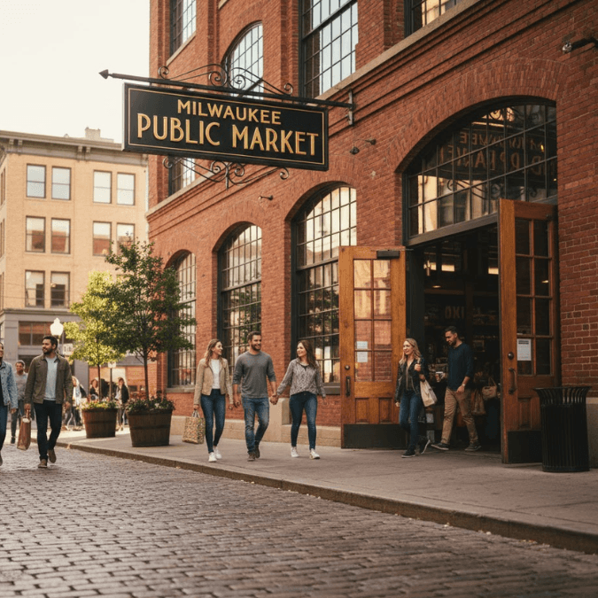 image of the Milwaukee Public Market entrance with people walking in image of the Milwaukee Public Market entrance with people walking in