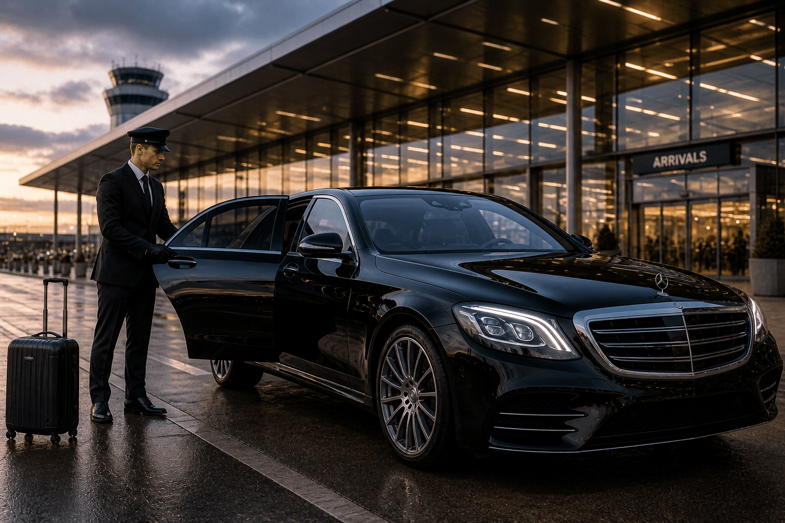 Black luxury sedan with chauffeur at airport terminal in Milwaukee