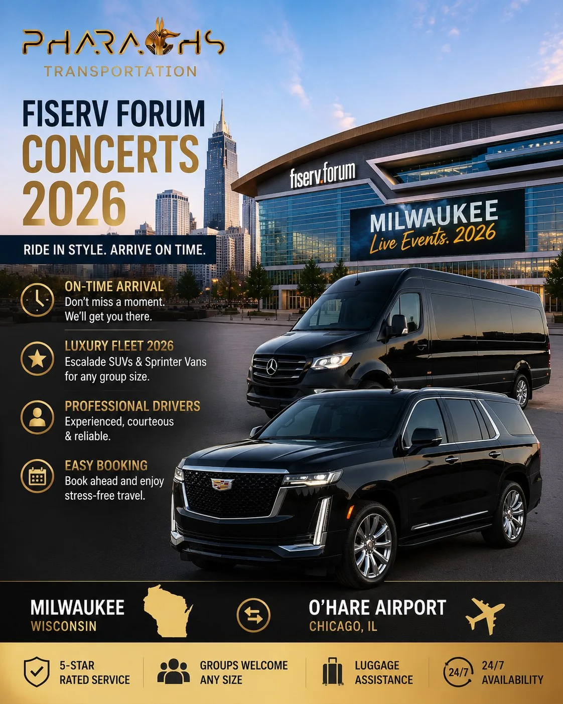 Fiserv Forum limo service — Pharaoh's Transportation concert night rides