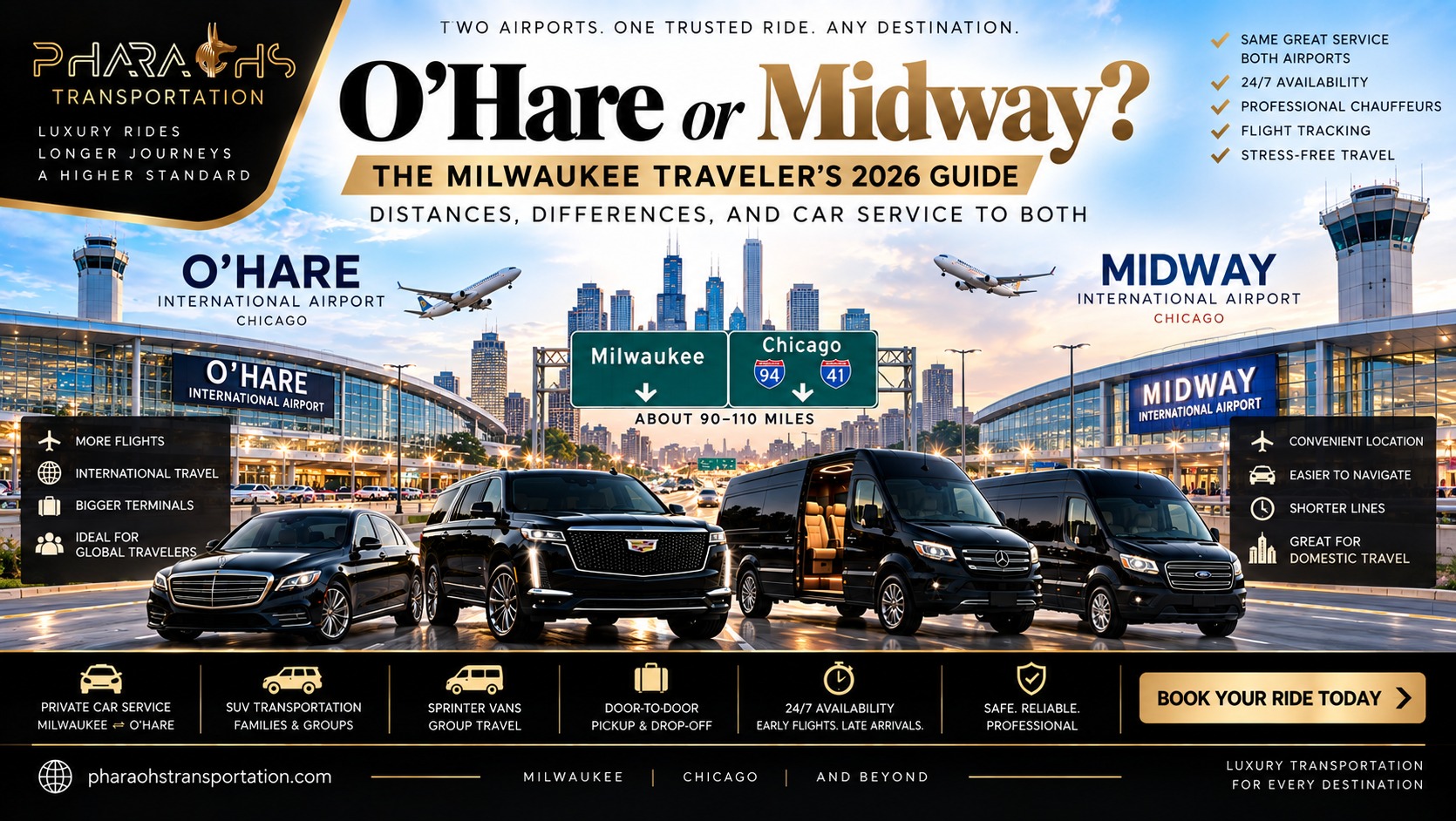 O'Hare or Midway? The Milwaukee traveler's 2026 guide by Pharaohs Transportation — sedan, Escalade SUV, and Sprinter vans between the O'Hare and Midway terminals with an I-94/I-41 mileage sign