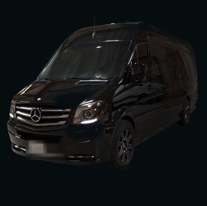 Black Mercedes-Benz Sprinter executive limo front, Pharaoh's Transportation Milwaukee