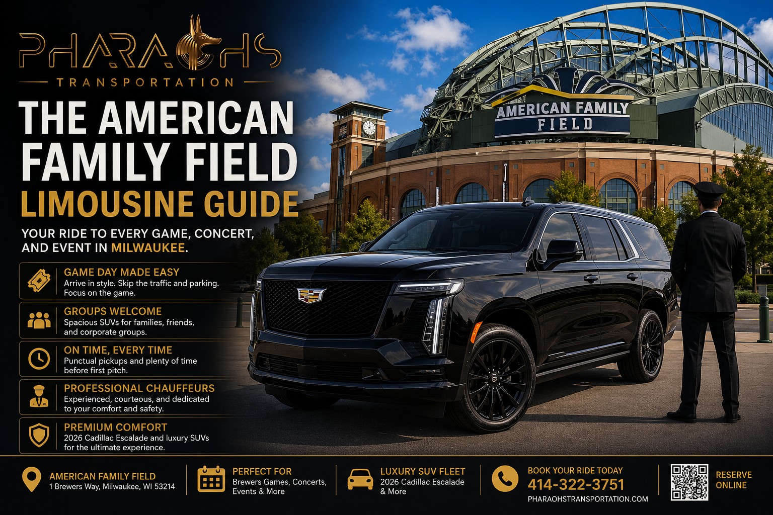 American Family Field limo service — Pharaoh's Transportation black luxury SUV with suited chauffeur outside American Family Field in Milwaukee, limousine and Sprinter rides for Brewers games, concerts, and events