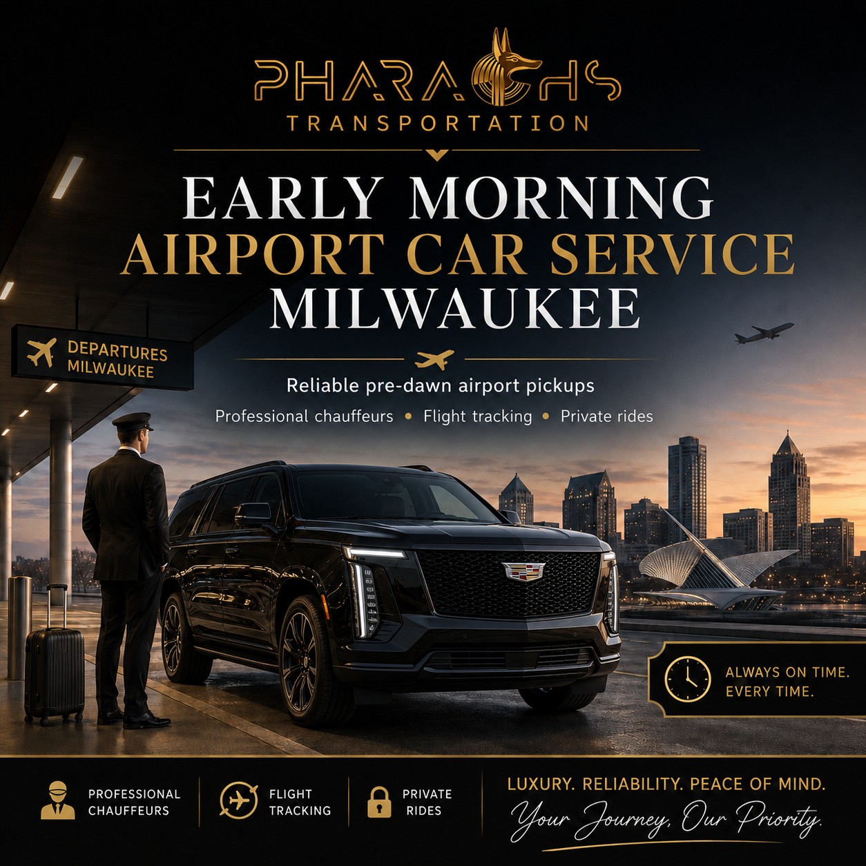 Early morning airport car service Milwaukee — Pharaoh's Transportation chauffeur and black Escalade at the departures curb at dawn, always on time