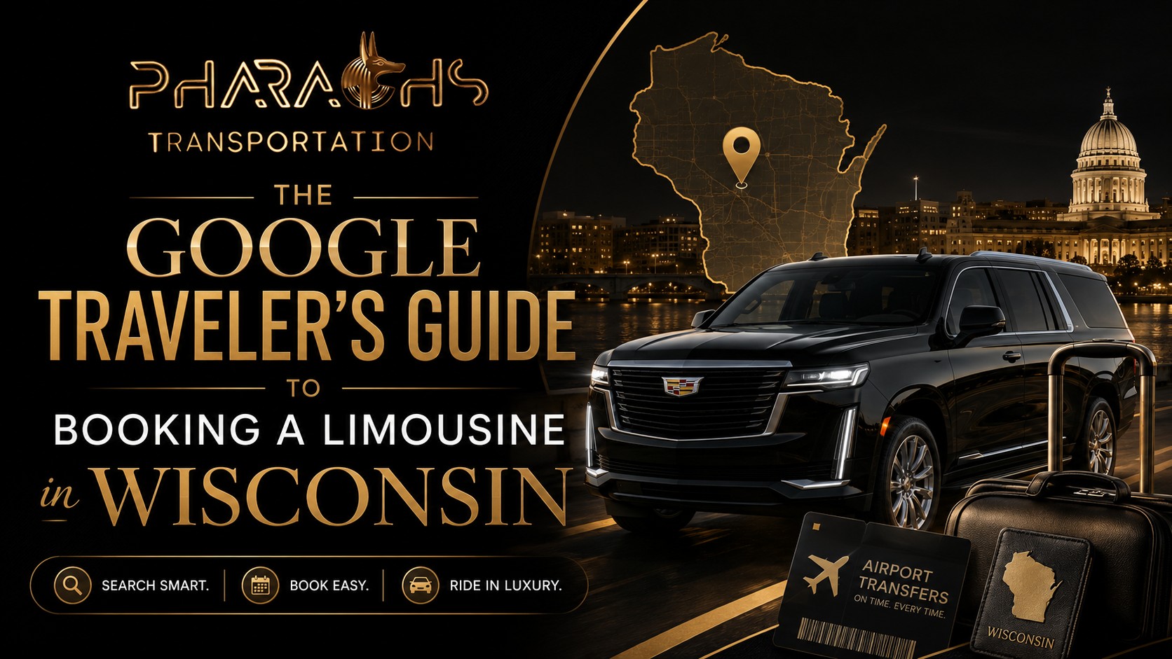 Google traveler's guide to booking a limousine in Wisconsin — Pharaoh's Transportation black luxury Escalade with Wisconsin map and airport transfer tickets, on-time MKE airport car service and statewide limo booking tips