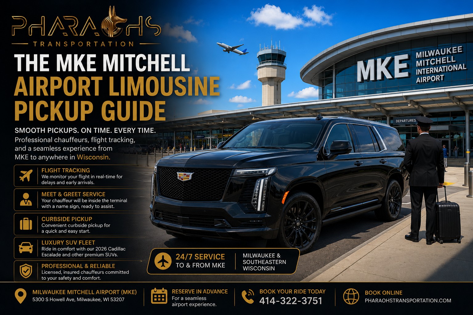 MKE airport limo pickup — Pharaoh's Transportation black luxury SUV with suited chauffeur at Milwaukee Mitchell International Airport, flight-tracked limousine pickups with curbside service to Milwaukee and all Wisconsin