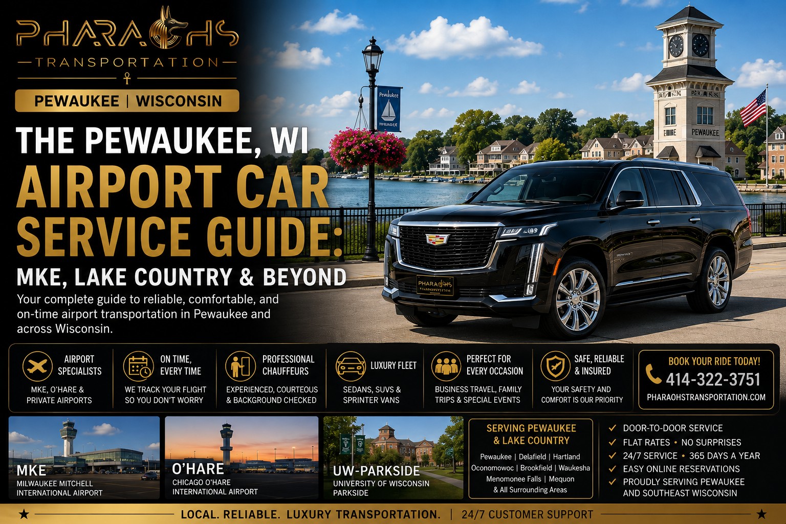 Pewaukee WI airport car service — Pharaoh's Transportation black luxury Escalade at Pewaukee lakefront, flat-rate flight-tracked rides to Milwaukee Mitchell MKE and O'Hare, serving Pewaukee, Delafield, Hartland, Oconomowoc and all Lake Country