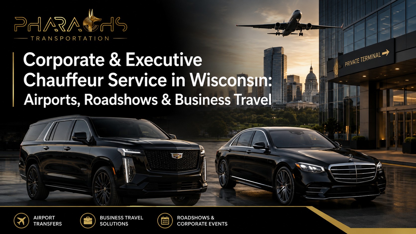 Pharaoh's Transportation corporate chauffeur service in Wisconsin — black Escalade and Mercedes S-Class at a private terminal