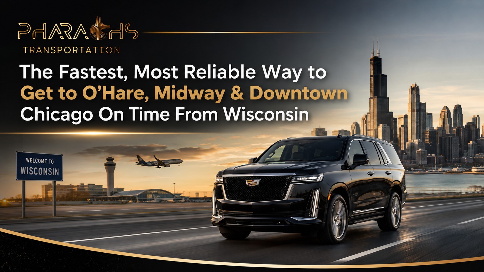 Right call — the "Welcome to Wisconsin" detail is decoration, not what people search. Focus the alt on the actual search terms. Best version: Recommended alt: Airport car service from Wisconsin to O'Hare and Midway — black Cadillac Escalade near the Chicago skyline That leads with the exact money phrase people type ("airport car service from Wisconsin to O'Hare") plus Midway, and describes what's shown — no filler. Alternates by the keyword you most want to push: Wisconsin to Chicago airport car service — black Escalade SUV to O'Hare and Midway