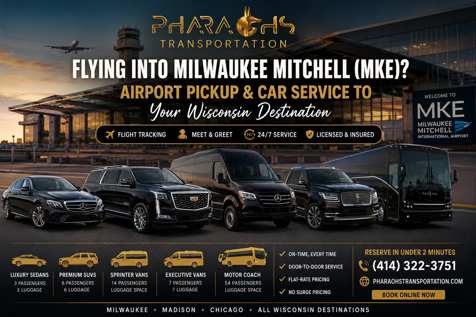 KE airport car service fleet — luxury sedan, SUV, Sprinter van, executive van, and motor coach at Milwaukee Mitchell International Airport