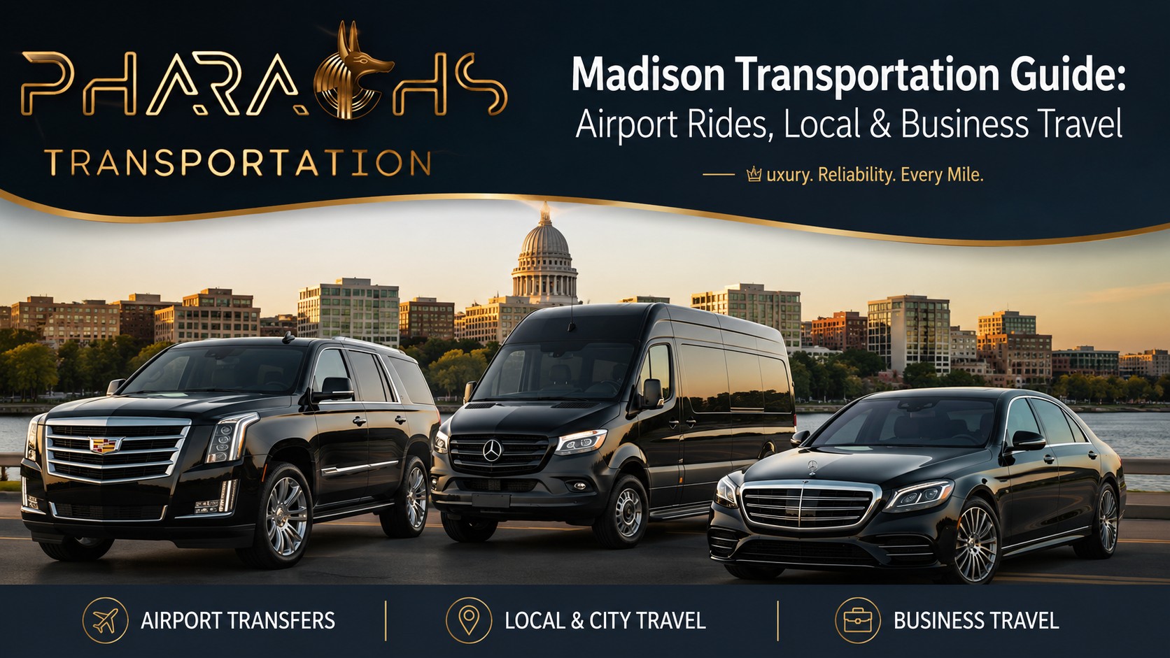 Pharaohs Transportation Madison car service fleet with black Cadillac Escalade, Mercedes Sprinter and S-Class for airport and business transportation