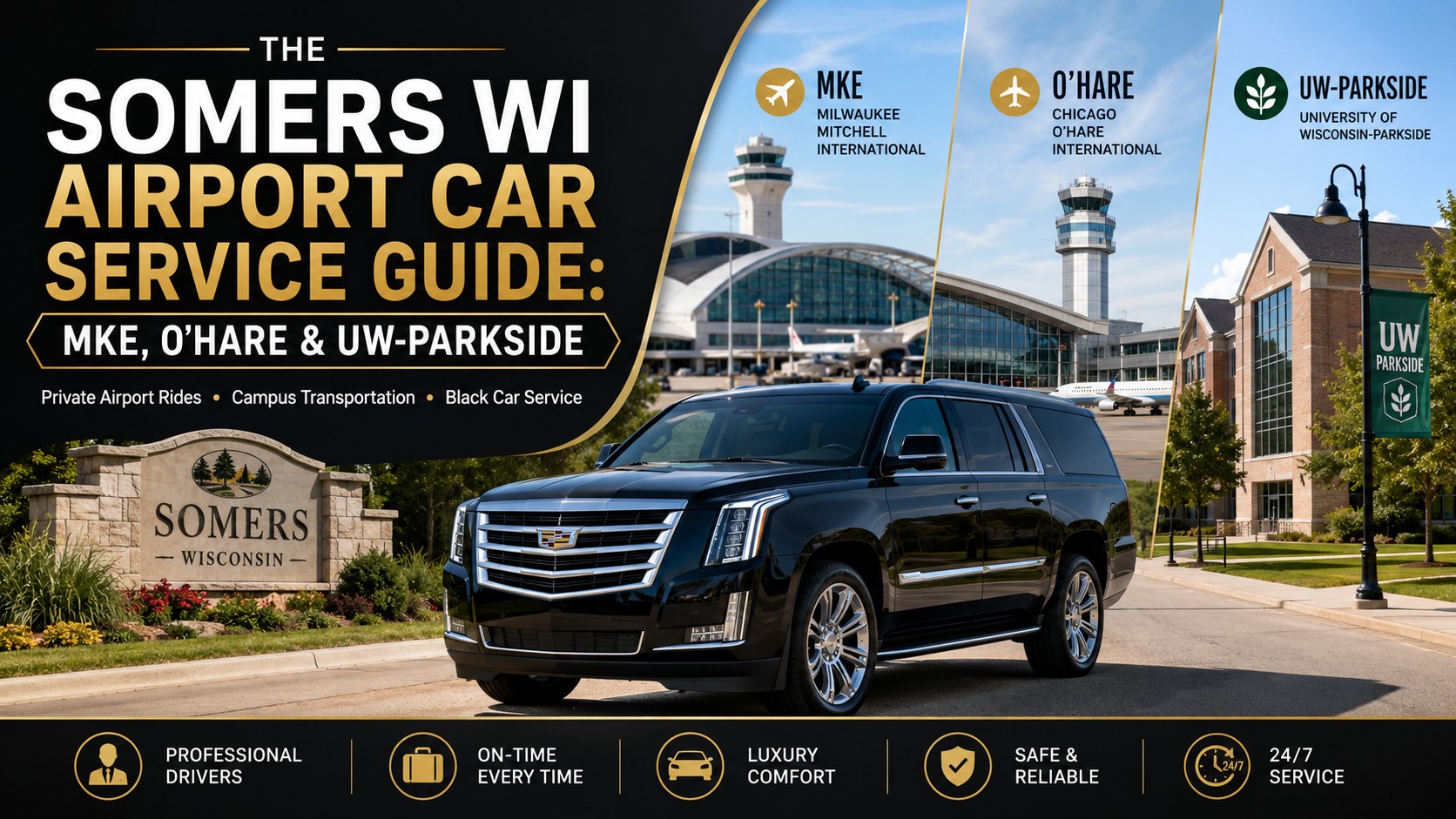 Somers WI airport car service — Pharaoh's Transportation black luxury Escalade with Milwaukee Mitchell MKE, Chicago O'Hare, and UW-Parkside campus, private airport rides and black car service from Somers Wisconsin, on time every time