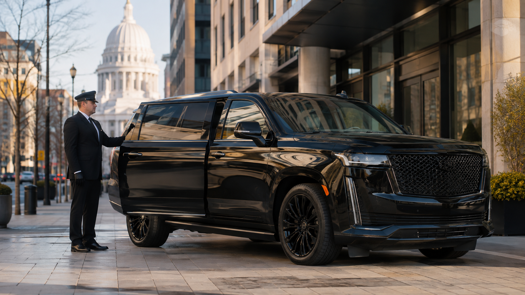 Madison black car service — Pharaoh's Transportation black Cadillac Escalade and chauffeur outside a downtown Madison office