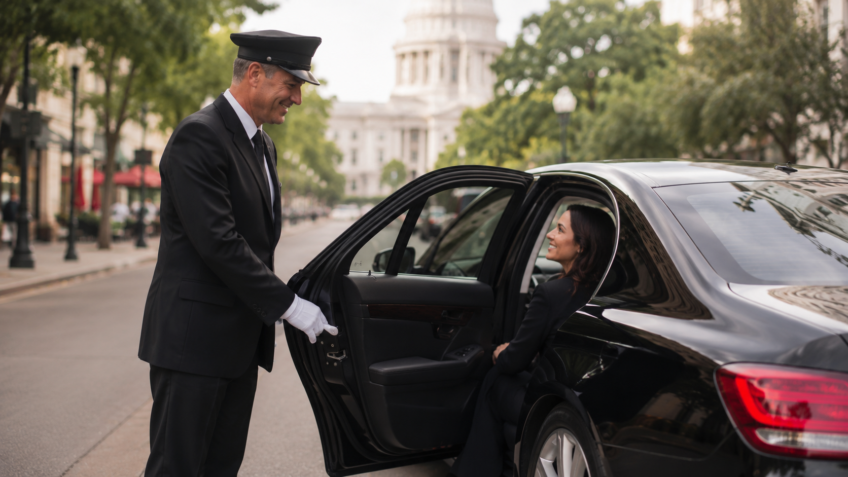 Madison chauffeur service — Pharaoh's Transportation uniformed chauffeur opening the door of a black luxury vehicle in Madison