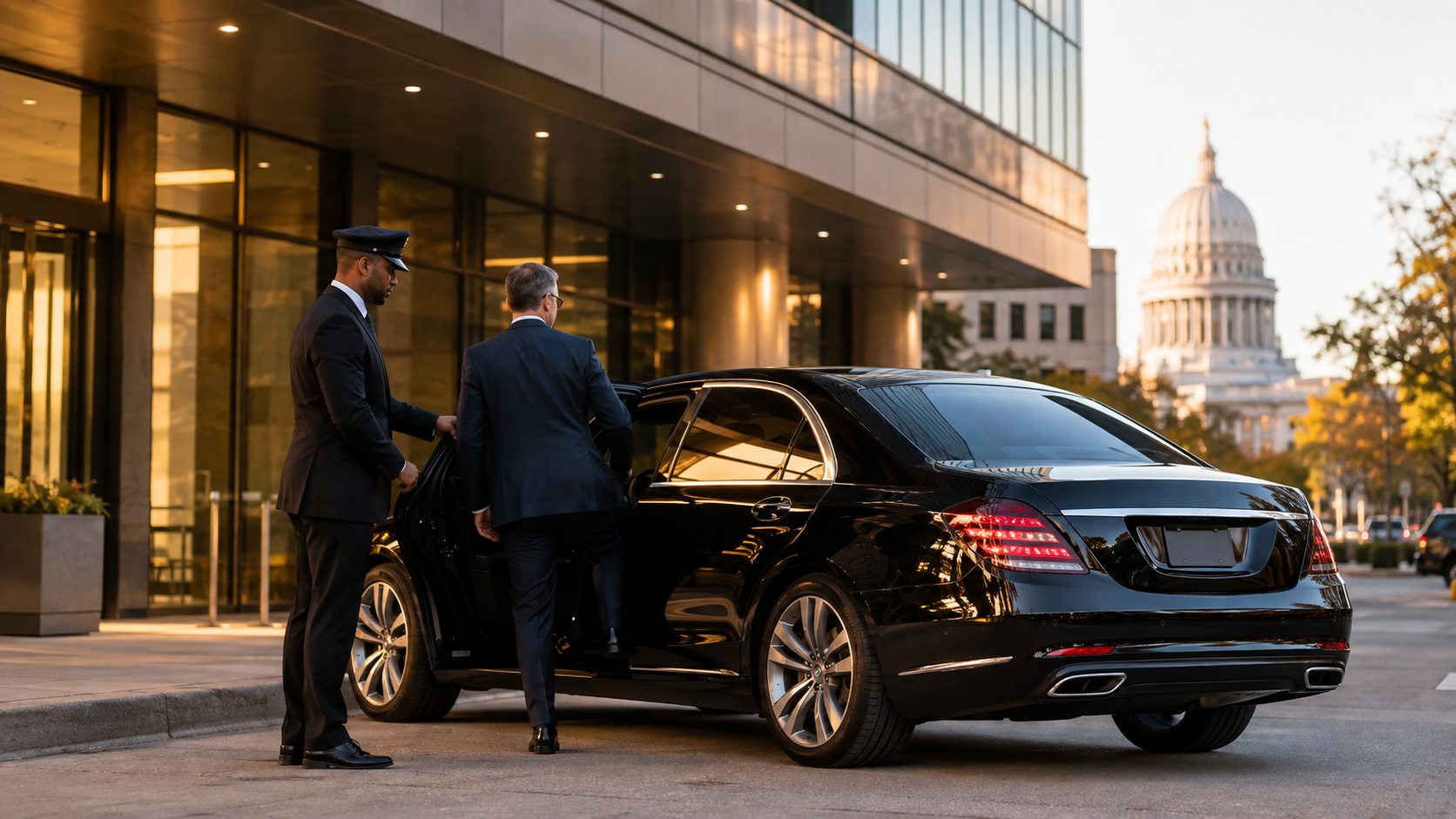 Madison executive limousine service — Pharaoh's Transportation chauffeur with black Mercedes S-Class outside a downtown Madison office