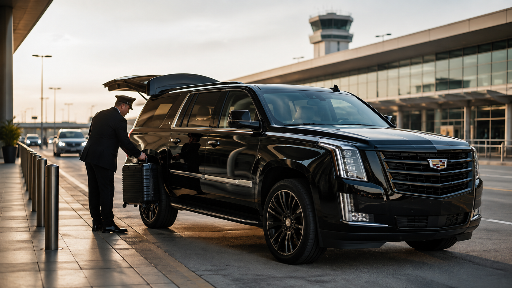 Madison to Midway car service — Pharaoh's Transportation black SUV at Chicago Midway airport for airport transfers