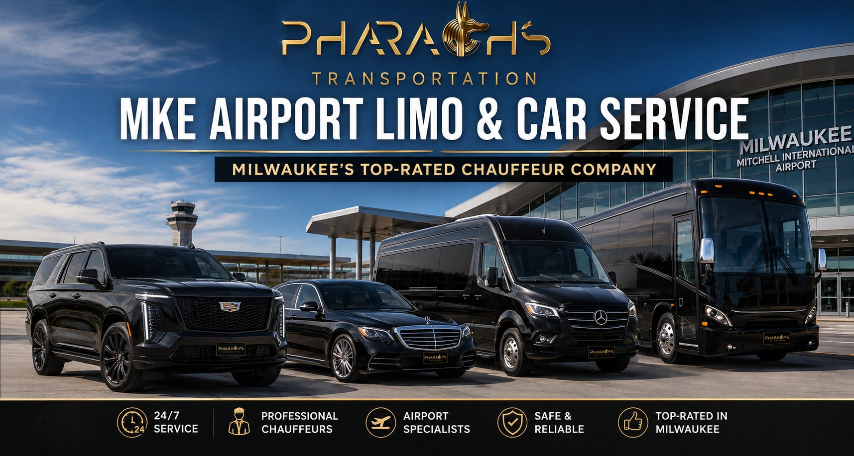 Pharaoh's Transportation MKE airport limo and car service fleet at Milwaukee Mitchell International Airport