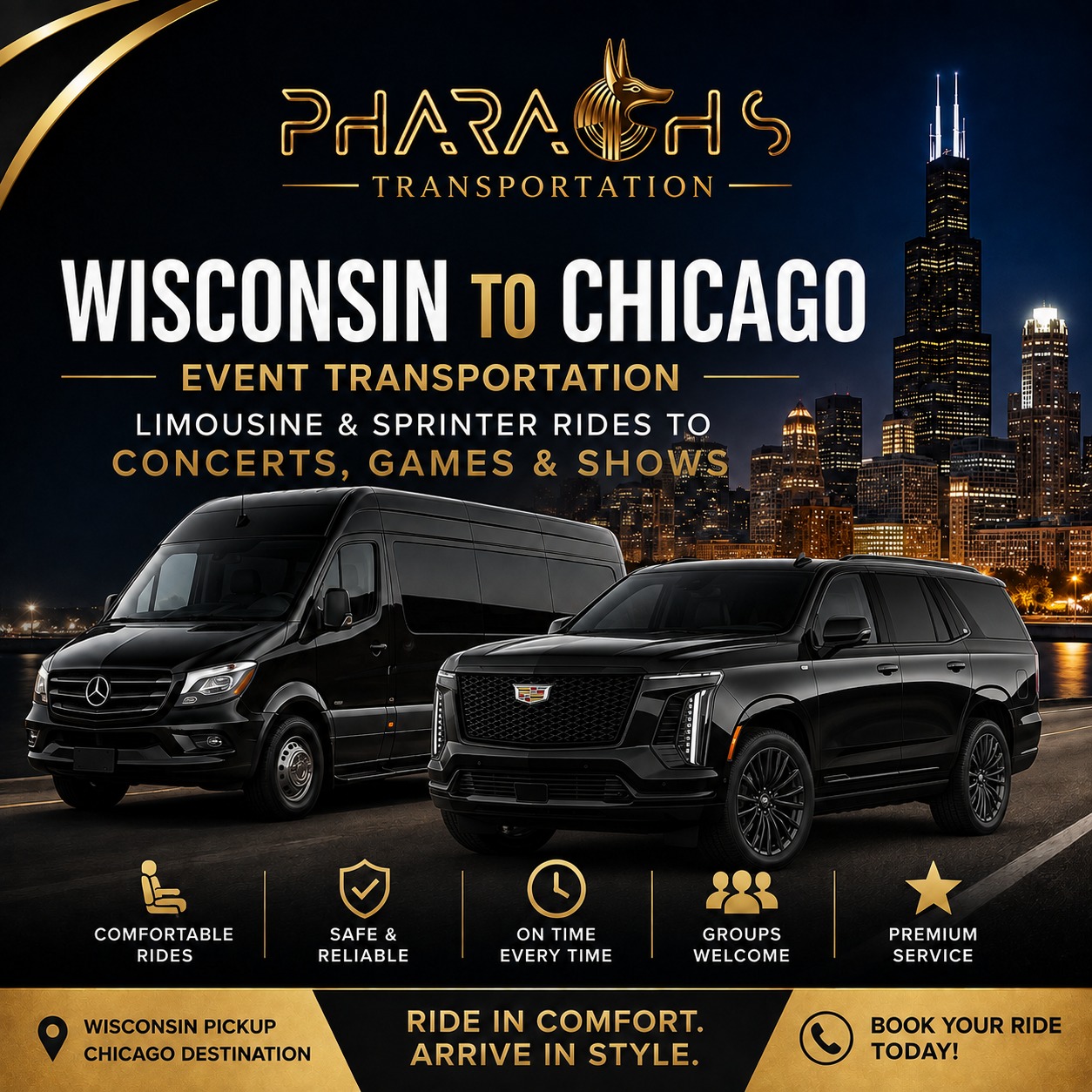 Wisconsin to Chicago event transportation — luxury Sprinter van and Escalade SUV for rides to Chicago concerts, games, and shows by Pharaoh's Transportation