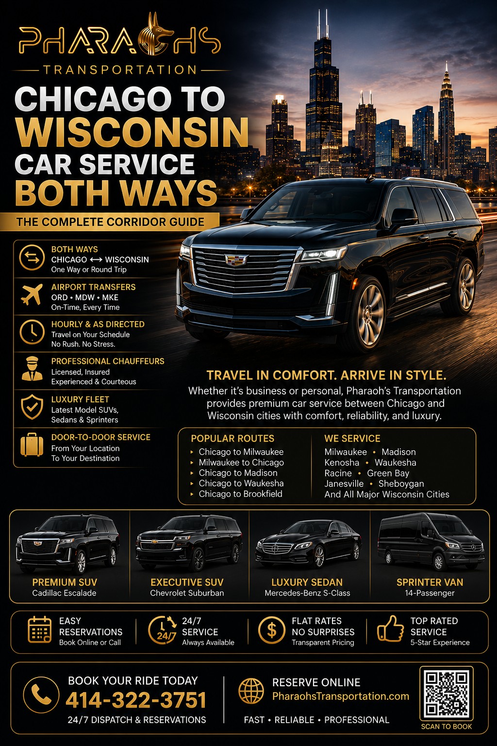 Chicago to Wisconsin car service both ways — Pharaoh's Transportation corridor guide with black Cadillac Escalade SUV against the Chicago skyline, airport transfers to O'Hare, Midway and MKE, luxury sedans and Sprinter vans, flat rates and 24/7 dispatch