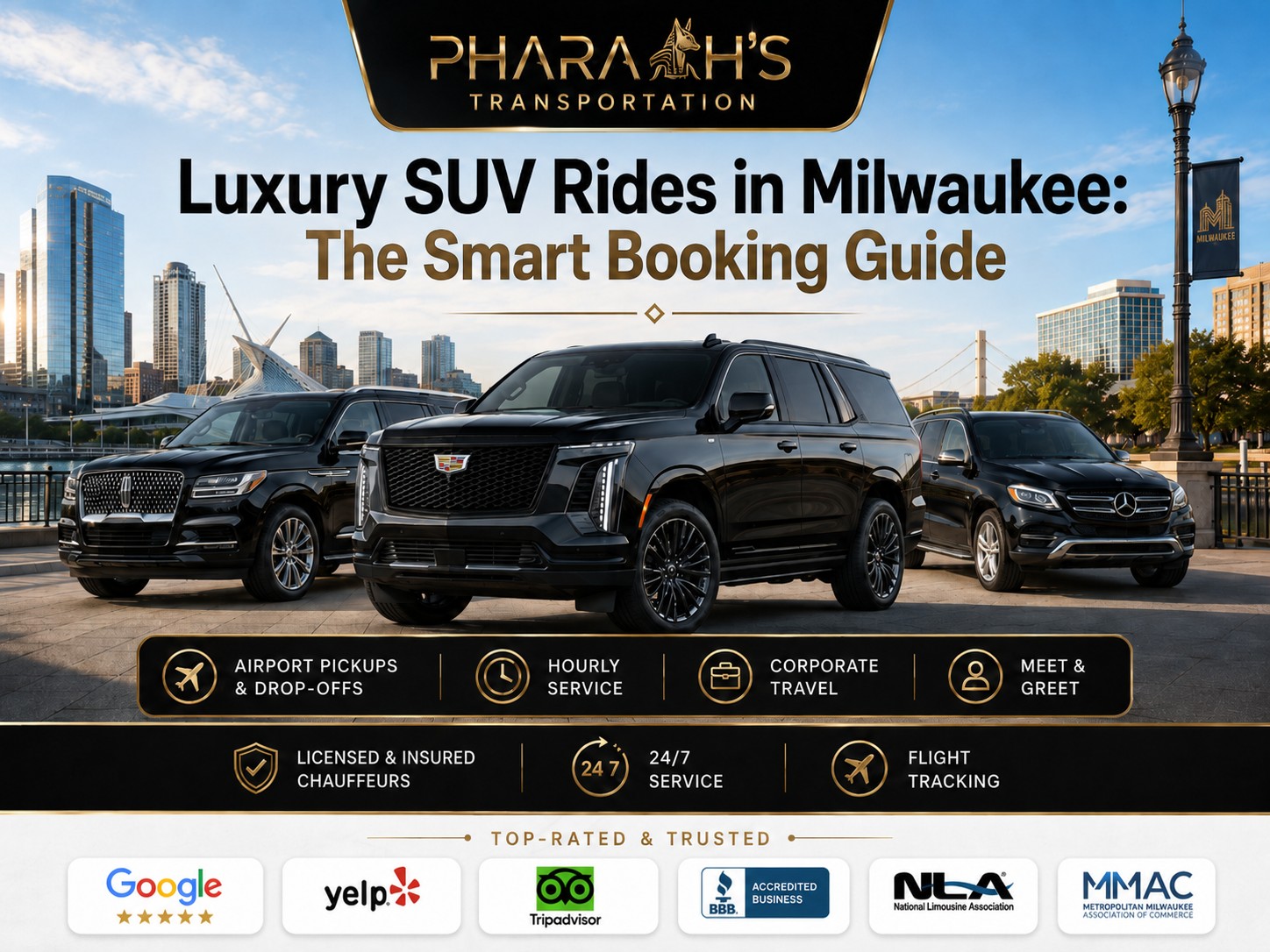 Luxury SUV rides in Milwaukee by Pharaoh's Transportation — three black chauffeured SUVs led by a Cadillac Escalade on the Milwaukee lakefront skyline, promoting the Smart Booking Guide with airport pickups and drop-offs, hourly service, corporate travel, meet and greet, licensed and insured chauffeurs, 24/7 service, flight tracking, and trust badges from Google, Yelp, Tripadvisor, BBB, NLA, and MMAC.