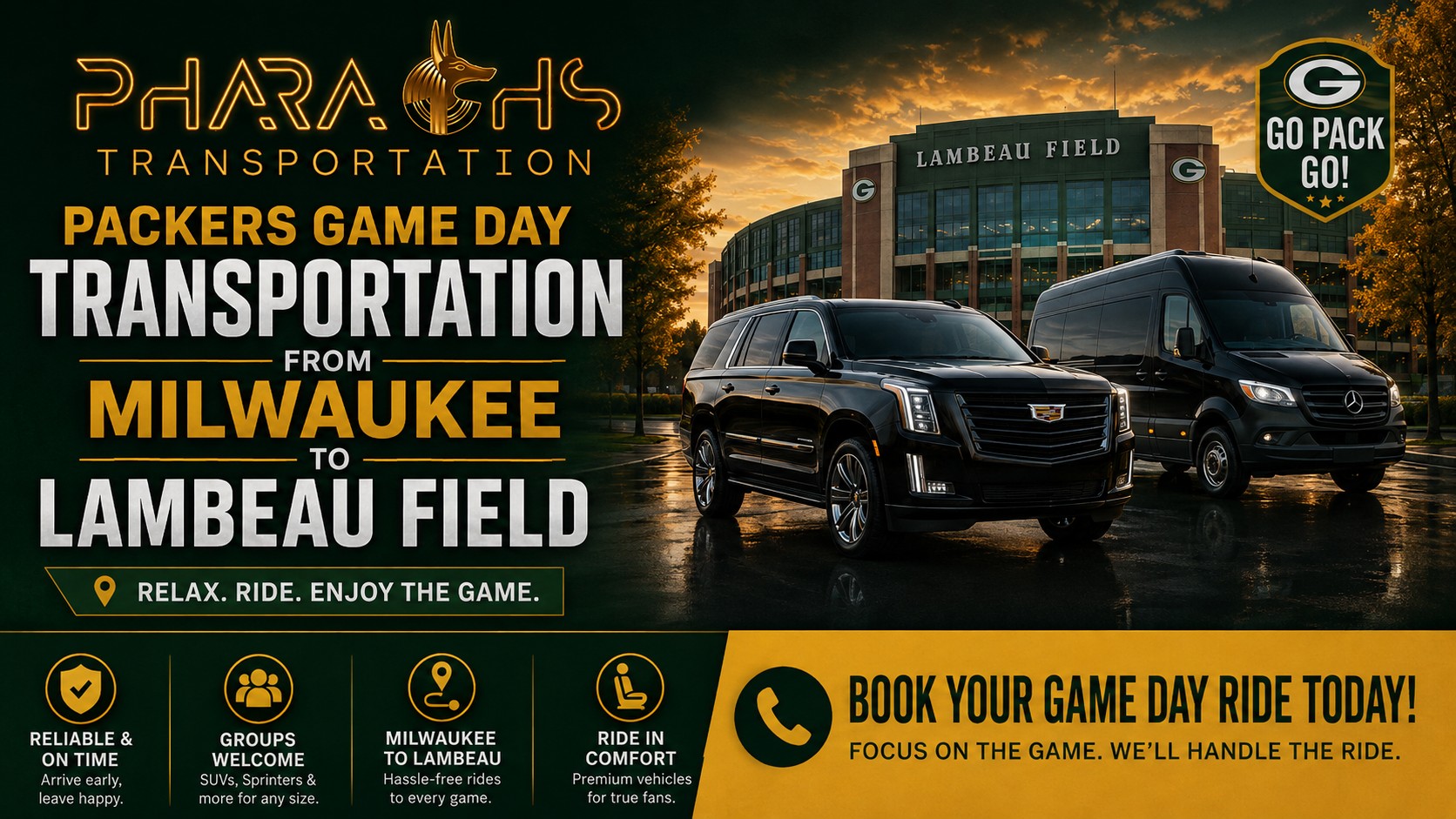 Packers game day transportation from Milwaukee to Lambeau Field — Pharaoh's Transportation luxury Escalade SUV and Sprinter van outside the stadium, reliable and on time, groups welcome, hassle-free rides to every game, book your game day ride today