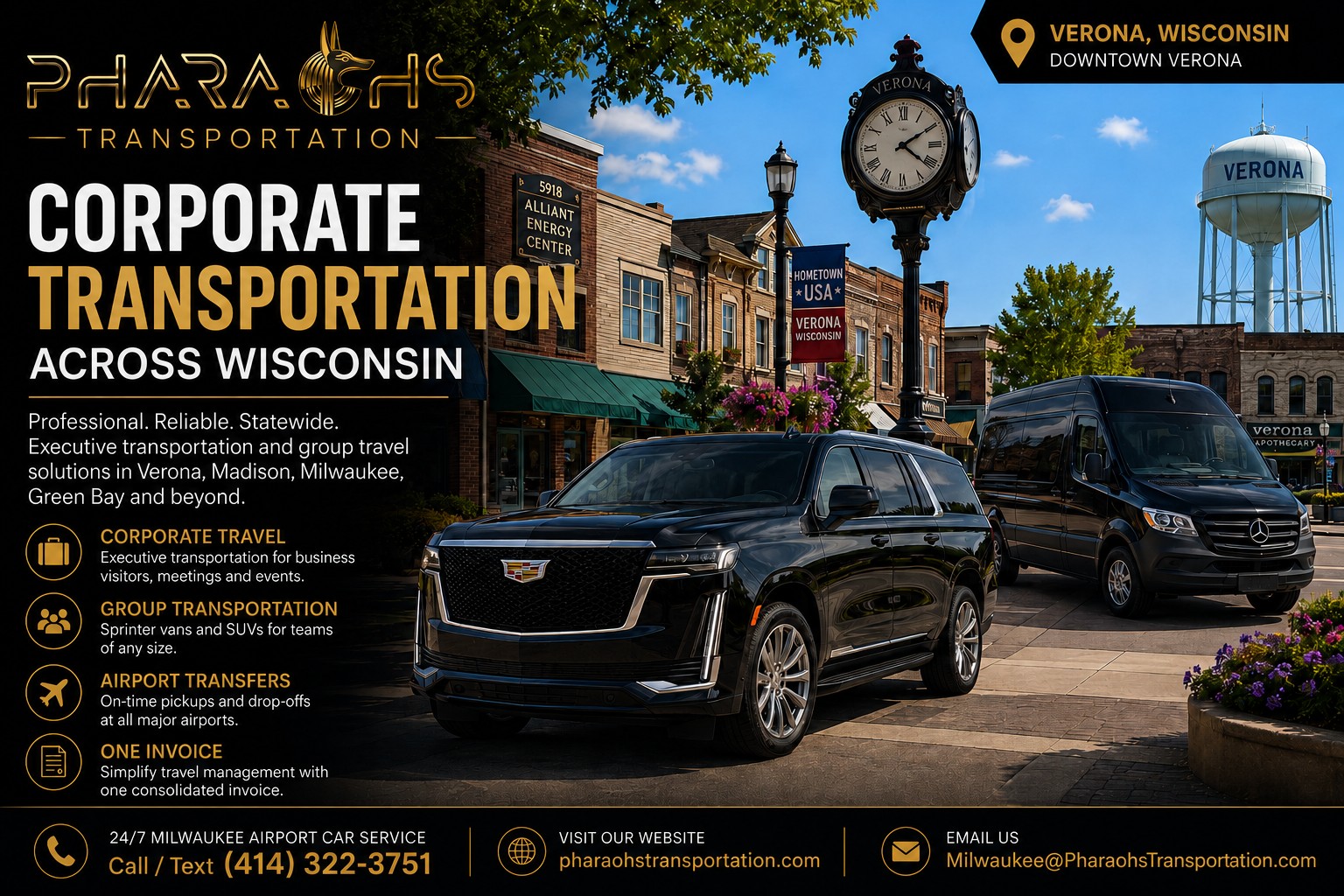 Executive rides, team Sprinters, and airport transfers statewide — one corporate account, one clean invoice. (414) 322-3751. Description: