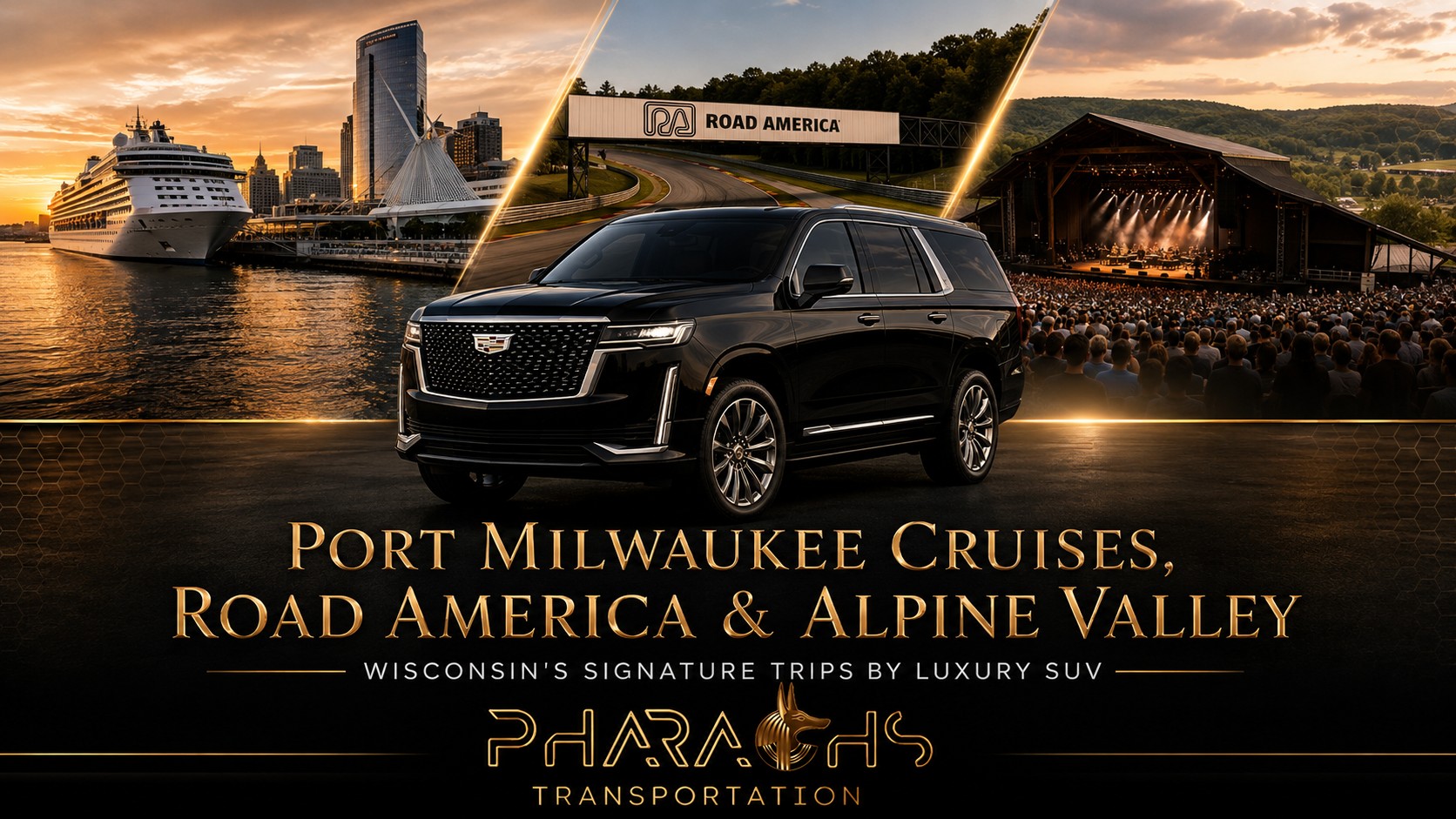 Port Milwaukee cruises, Road America and Alpine Valley — Wisconsin's signature trips by luxury SUV with Pharaoh's Transportation, black Cadillac Escalade with cruise ship at the Milwaukee lakefront, Road America racetrack and Alpine Valley concert crowd