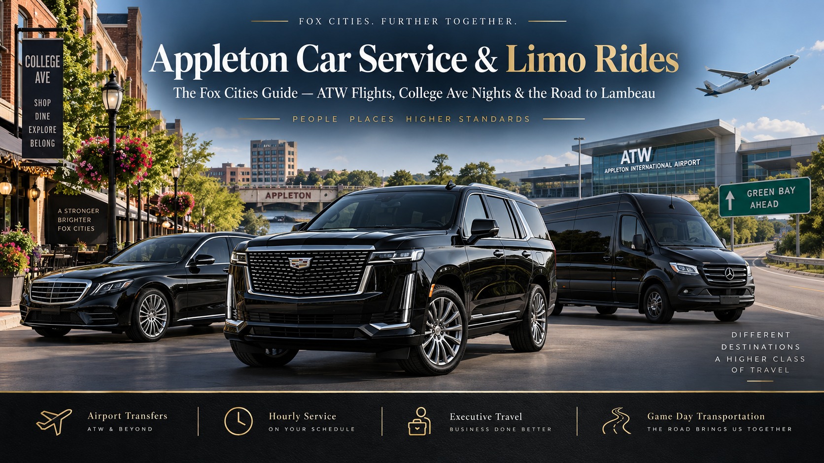 Appleton car service and limo rides by Pharaohs Transportation — luxury sedan, Cadillac Escalade SUV, and Sprinter van on College Ave near ATW Appleton International Airport with a Green Bay road sign