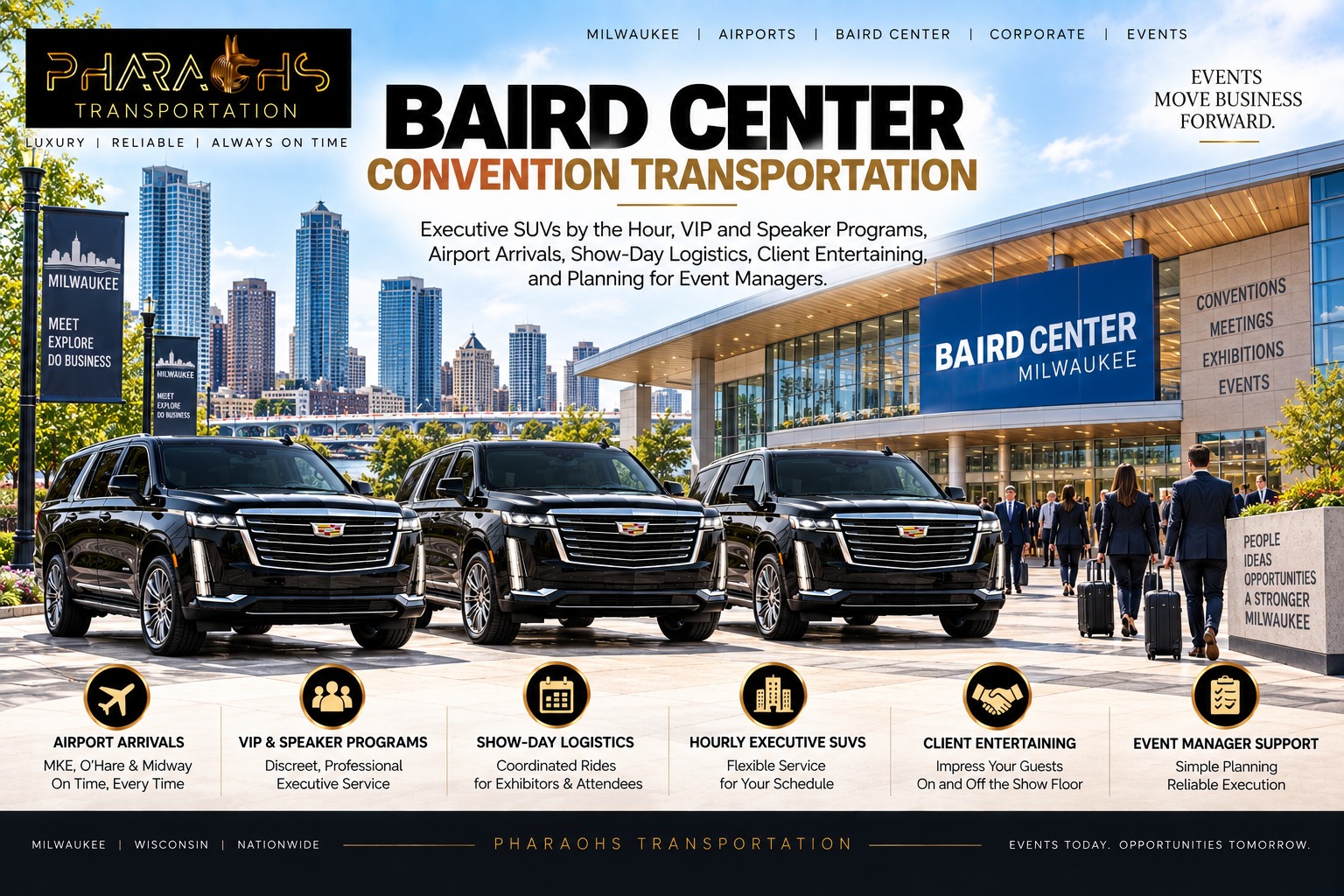 Baird Center convention transportation in Milwaukee, with three black Cadillac Escalades outside the convention center as attendees arrive with luggage
