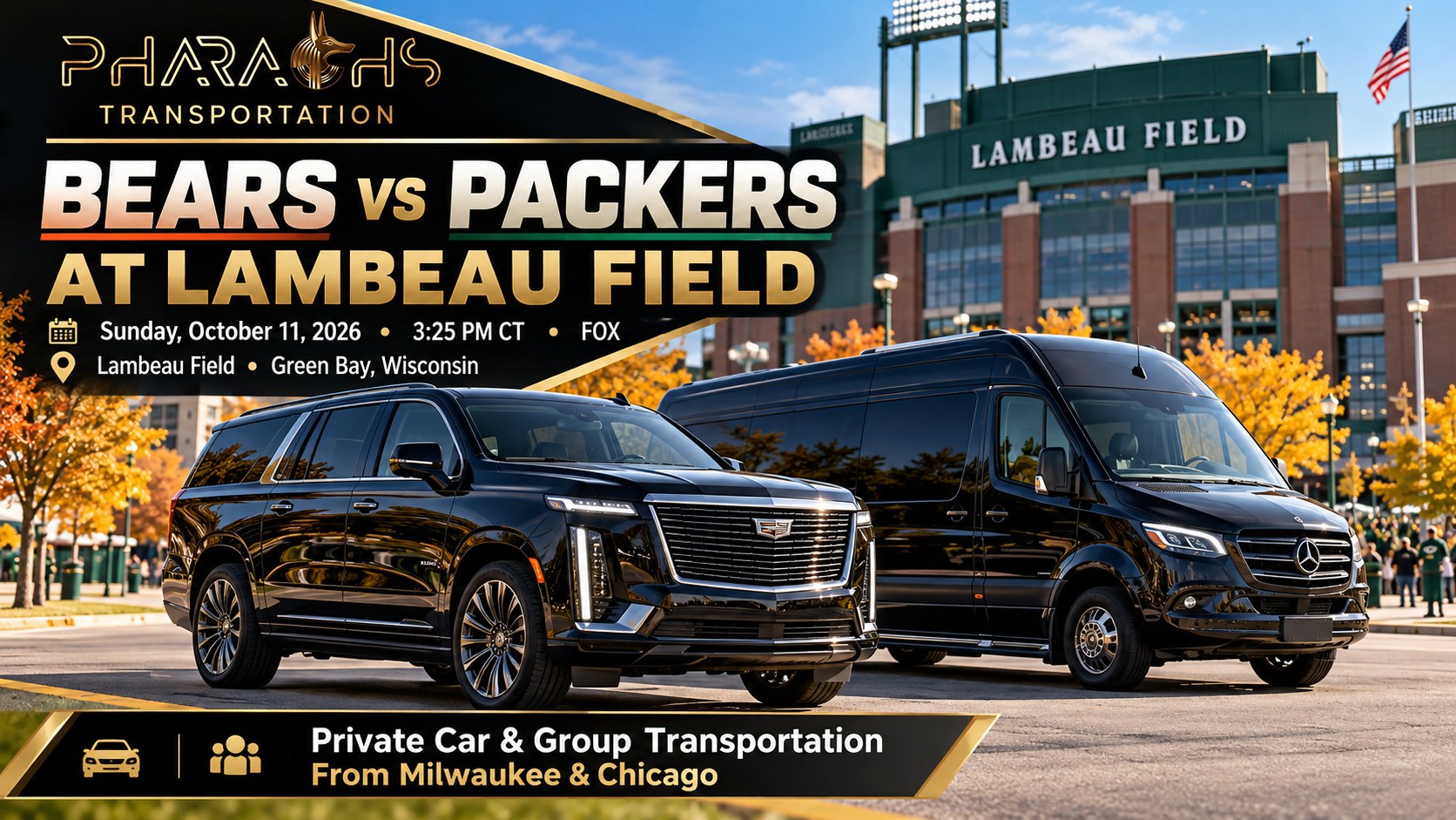 Pharaohs Transportation black SUV and Mercedes Sprinter van at Lambeau Field in Green Bay for Bears vs Packers game day transportation