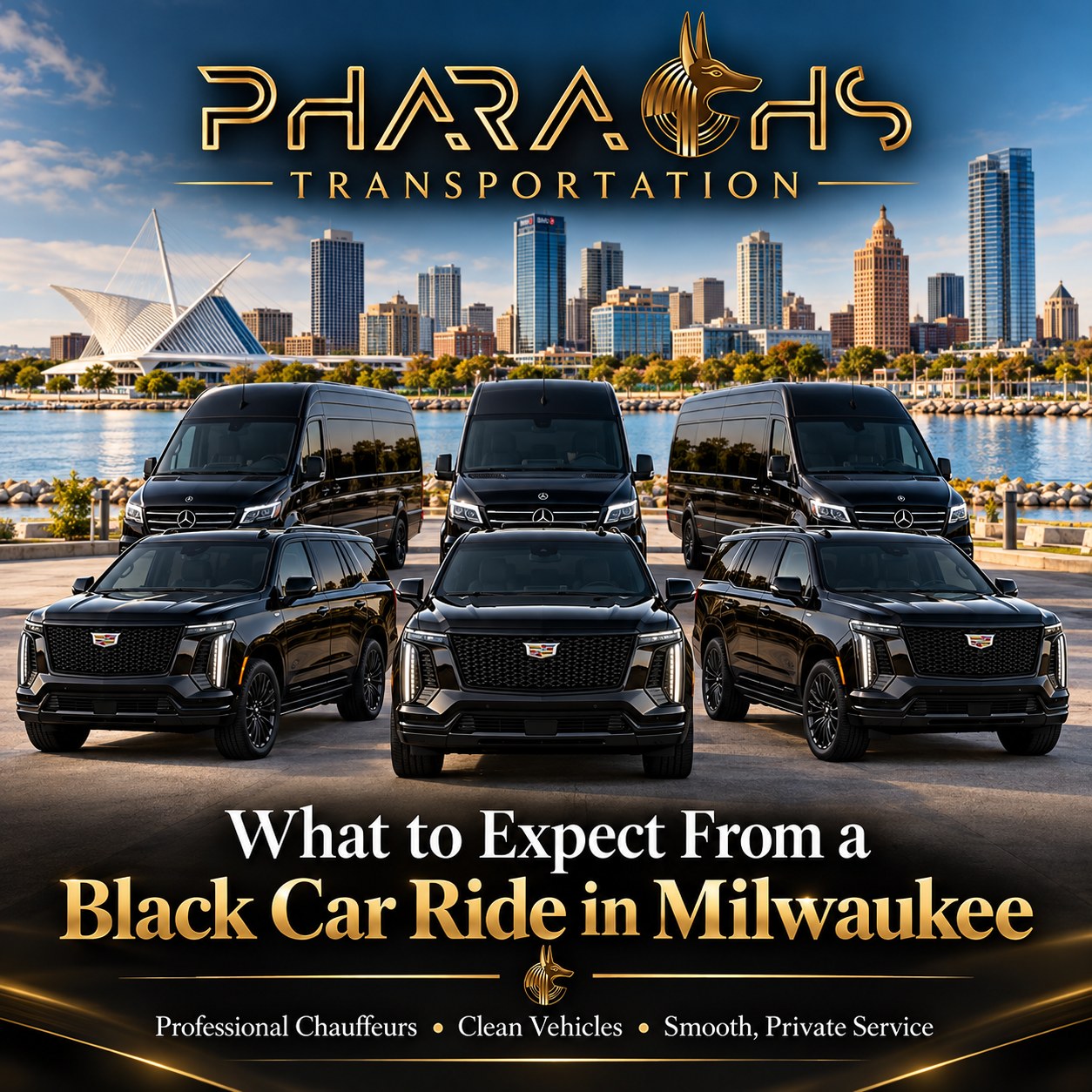 Black car service in Milwaukee by Pharaoh's Transportation, Cadillac Escalade SUVs and Mercedes Sprinter vans on the lakefront