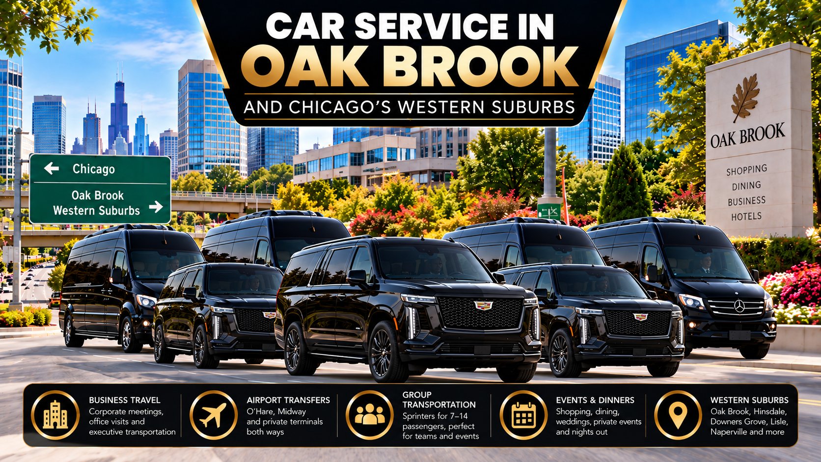 Car service in Oak Brook and Chicago's western suburbs with black Cadillac Escalades and Mercedes Sprinter vans