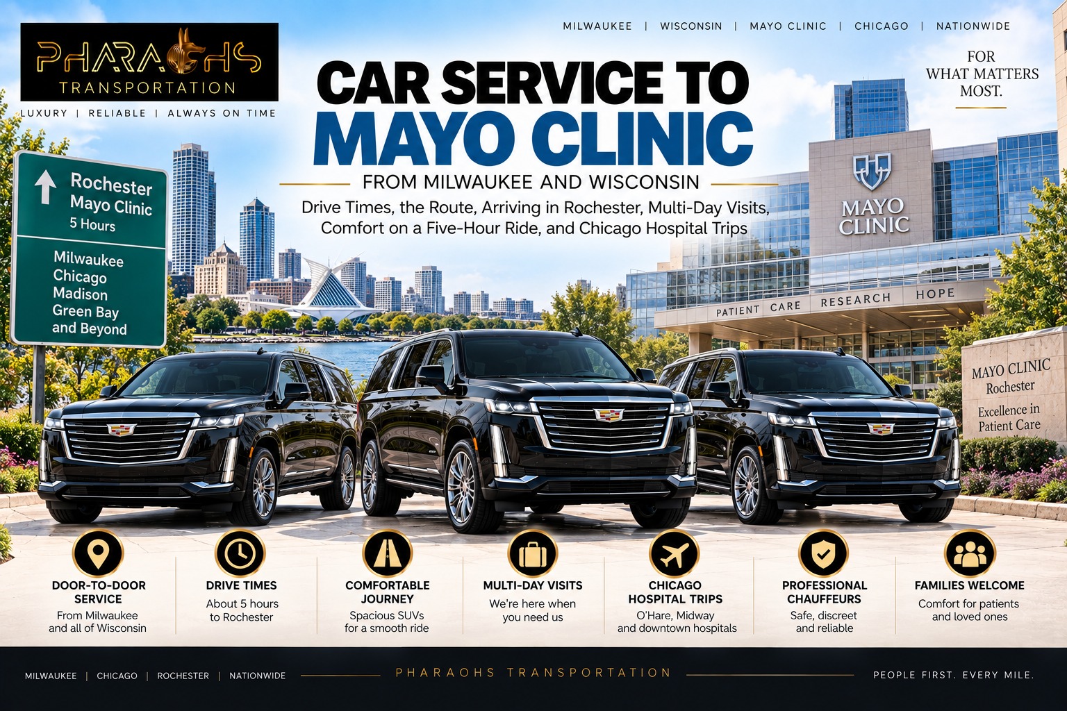 Car service to Mayo Clinic in Rochester from Milwaukee and Wisconsin, with three black Cadillac Escalades between the Milwaukee skyline and a medical campus