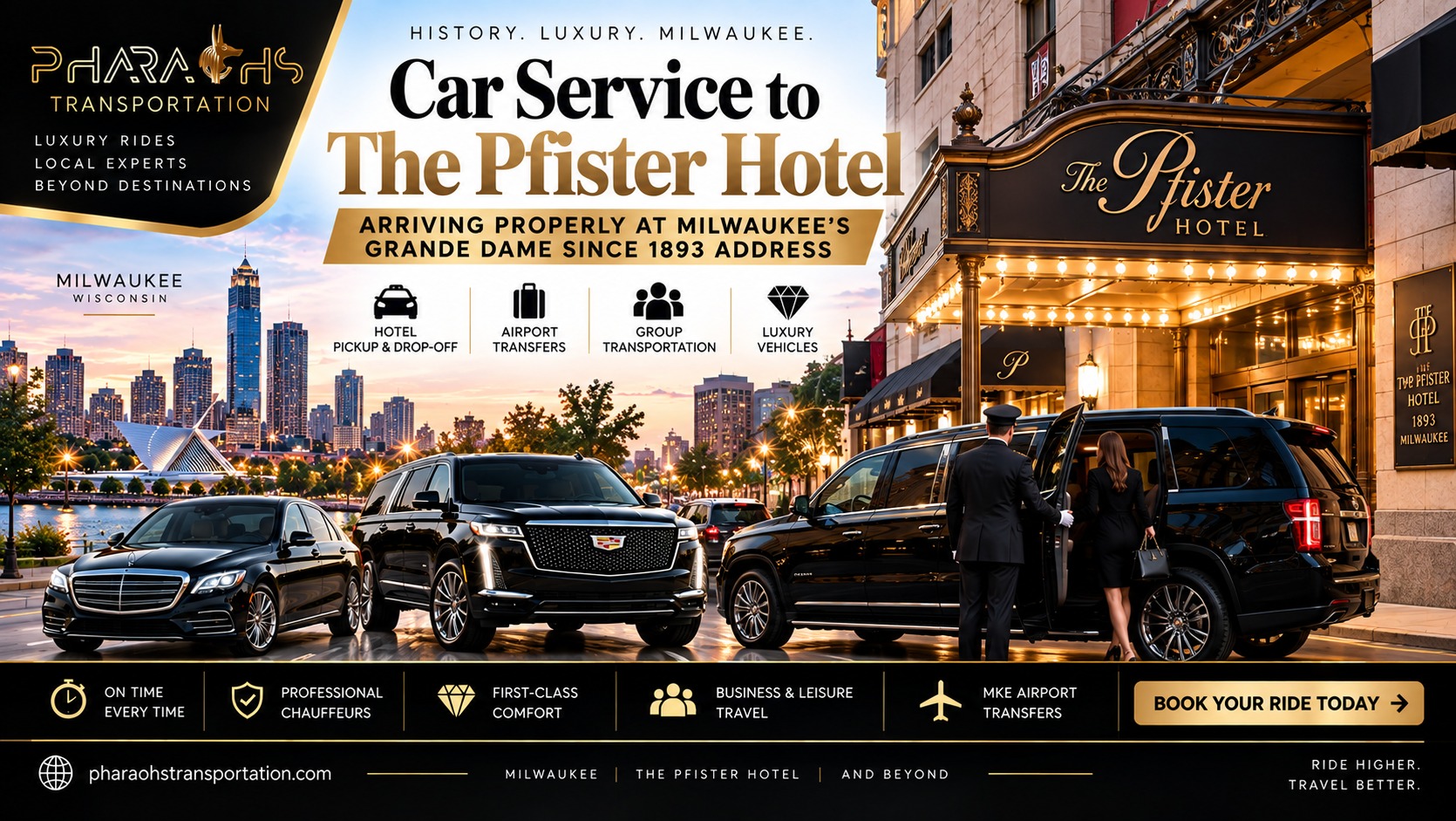 Car service to The Pfister Hotel by Pharaohs Transportation — chauffeur assisting a guest into an SUV outside The Pfister Hotel's lit marquee, with a sedan and Escalade and the Milwaukee skyline