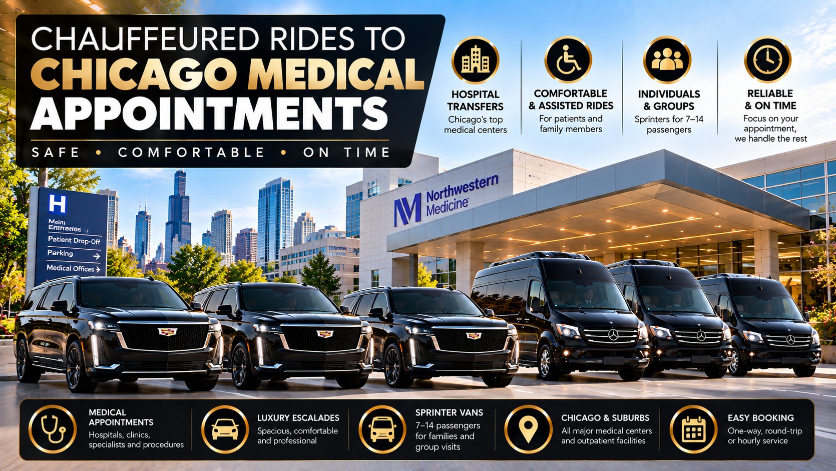 Chauffeured rides to Chicago medical appointments in black Cadillac Escalades and Mercedes Sprinter vans at a hospital entrance