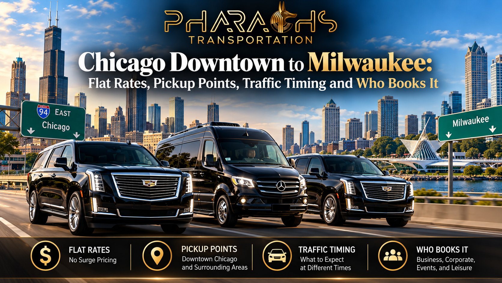 Pharaohs Transportation black Cadillac Escalades and Mercedes Sprinter van for downtown Chicago to Milwaukee car service