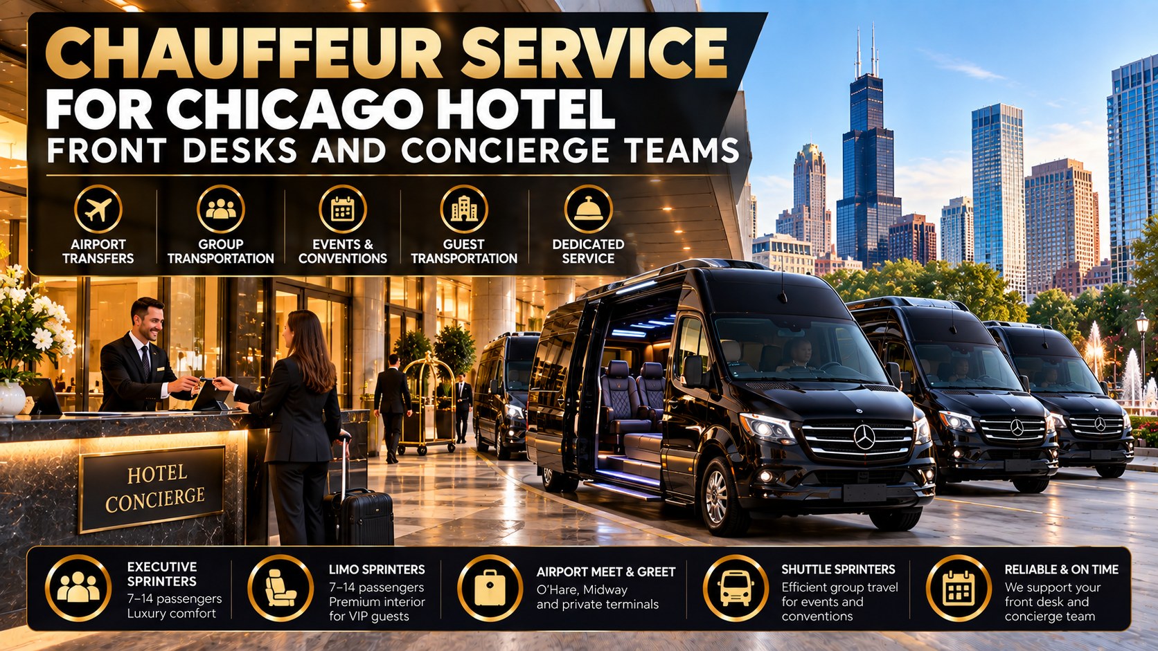 Chauffeur service for Chicago hotel front desks and concierge teams, Mercedes Sprinter vans at a downtown hotel entrance