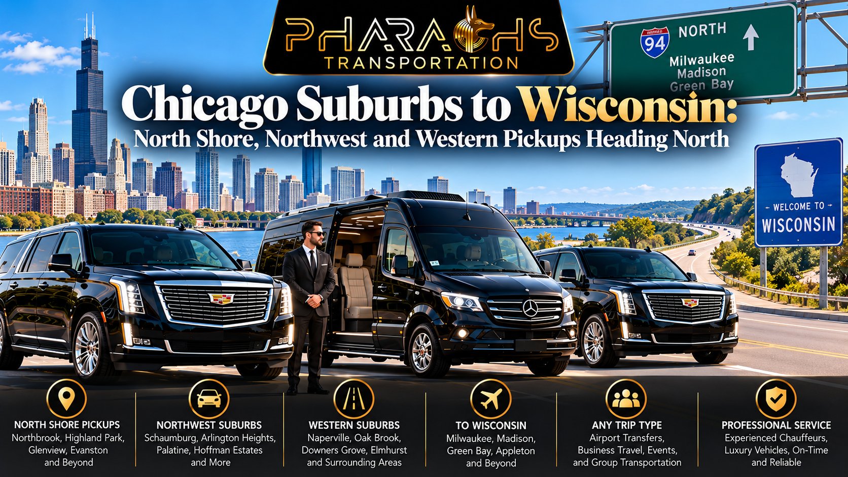 Pharaohs Transportation chauffeur beside black Cadillac Escalades and a Mercedes Sprinter for Chicago suburbs to Wisconsin car service