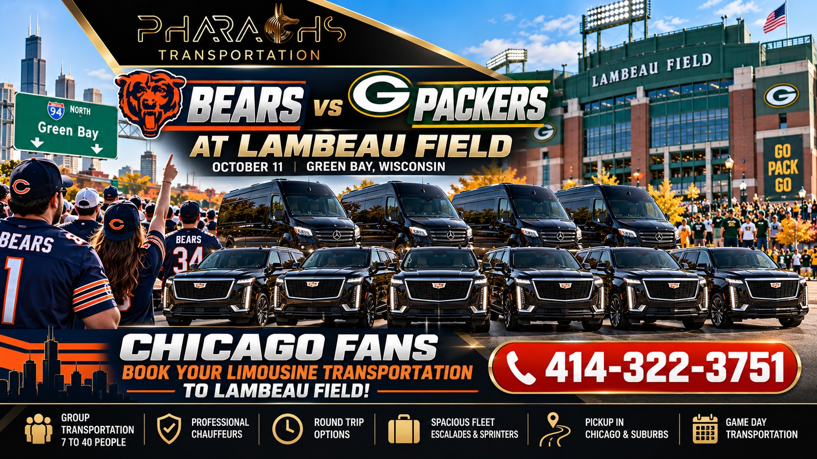 Pharaohs Transportation fleet of black Cadillac Escalades and Mercedes Sprinter vans for Chicago Bears fans traveling to Lambeau Field for Bears vs Packers