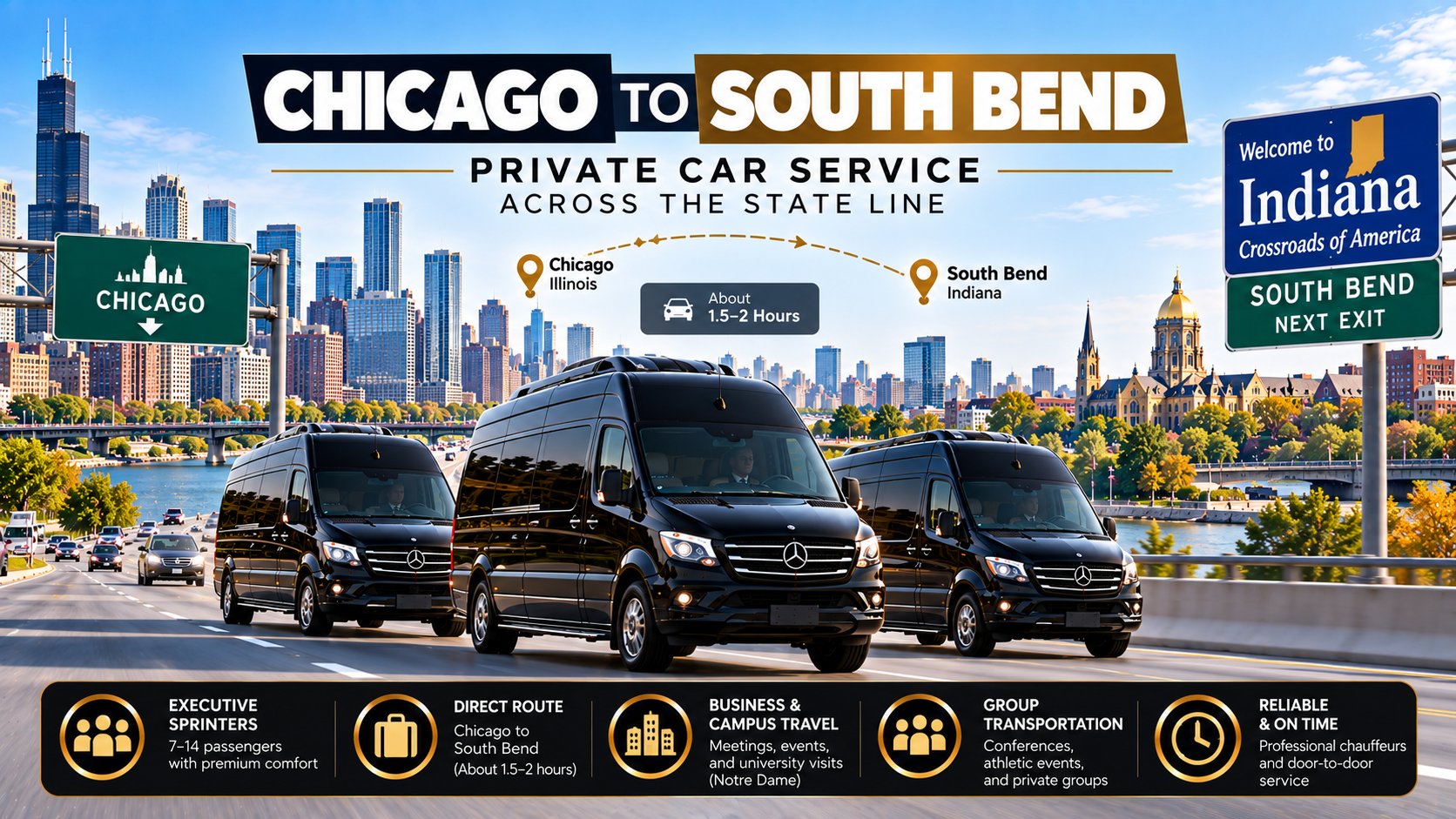 Chicago to South Bend private car service in black Mercedes Sprinter vans on the highway toward Indiana